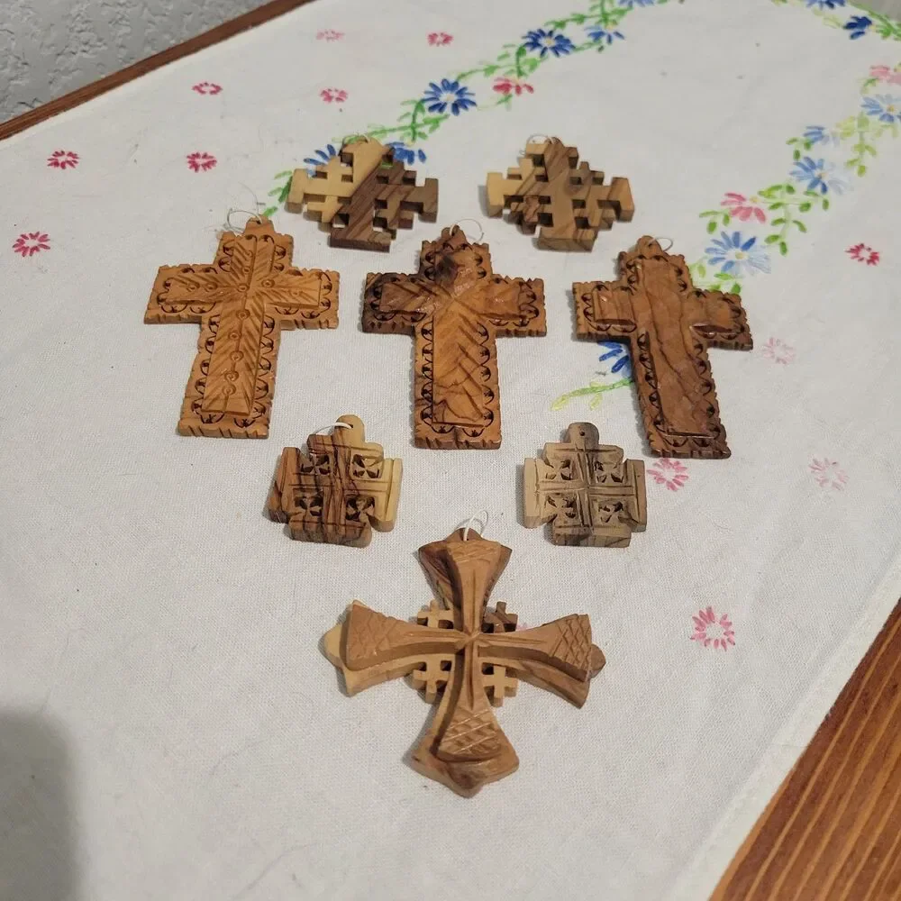 Lot of 8 Olive Wood Crosses pendants ornaments Jerusalem Bethlaham Holy Land